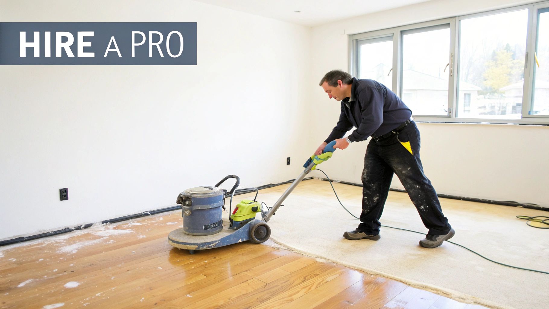 A professional applying polyurethane finish to a newly sanded hardwood floor.