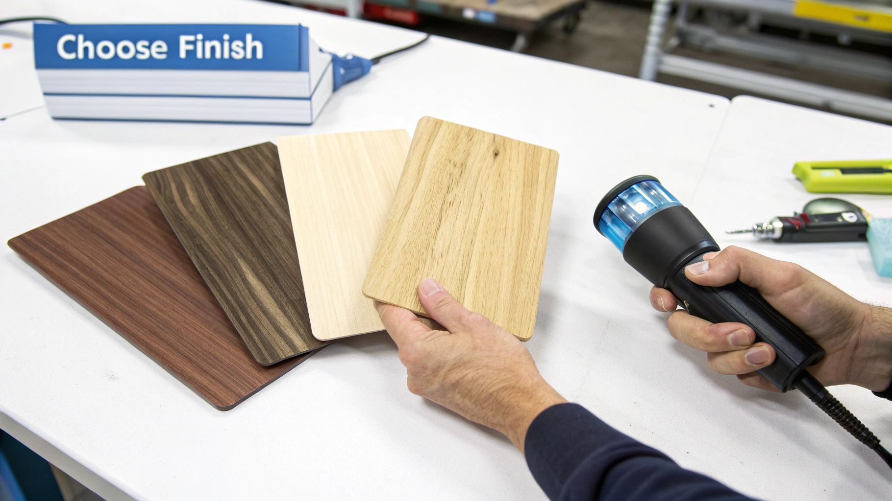 Hands examine various wood finish samples and a color measurement tool for selection.