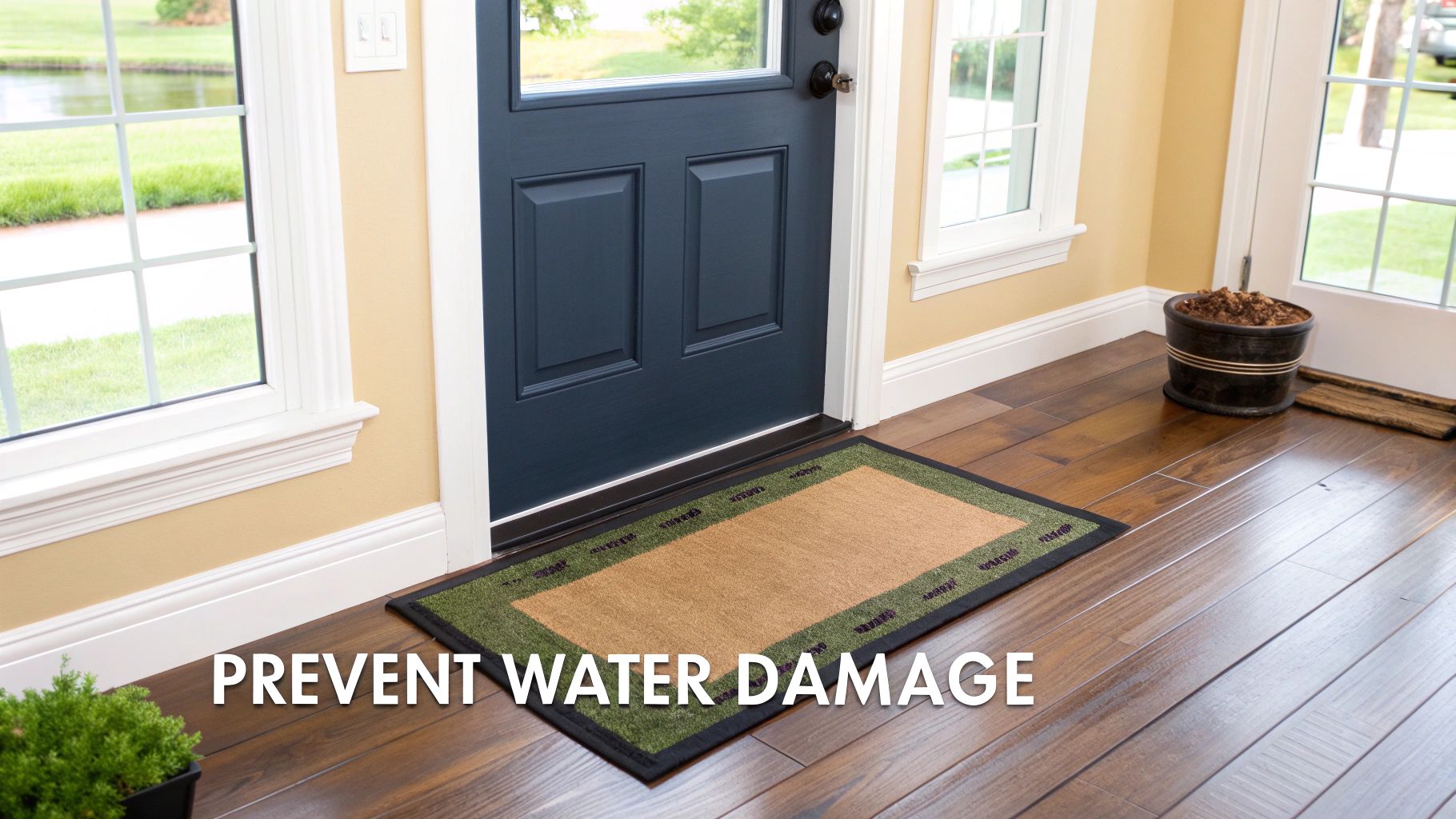 A clean, well-maintained hardwood floor with protective felt pads visible under furniture legs.