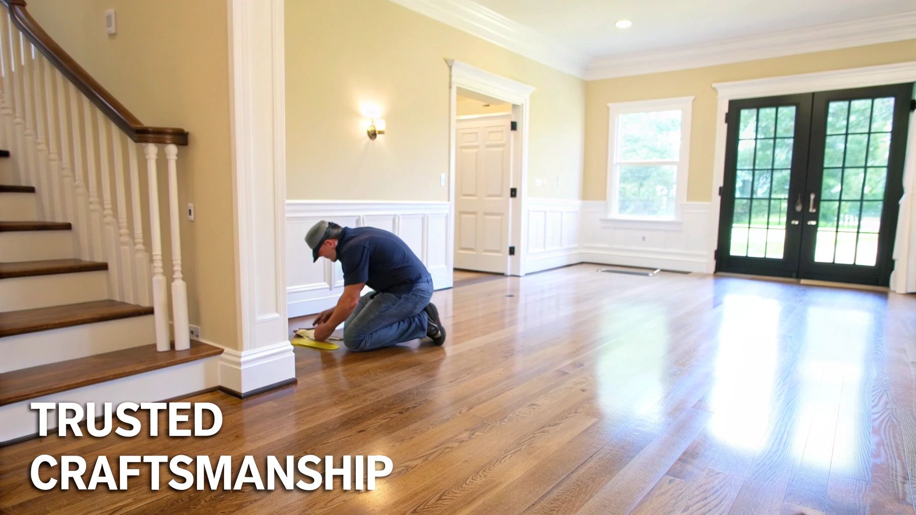 A team of professionals applying a UV-cure finish to hardwood floors.