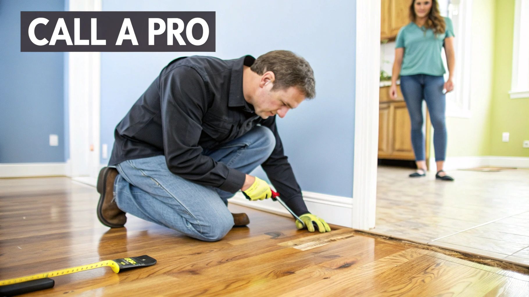 A man wearing gloves kneels to repair a hardwood floor as a woman stands in the background.