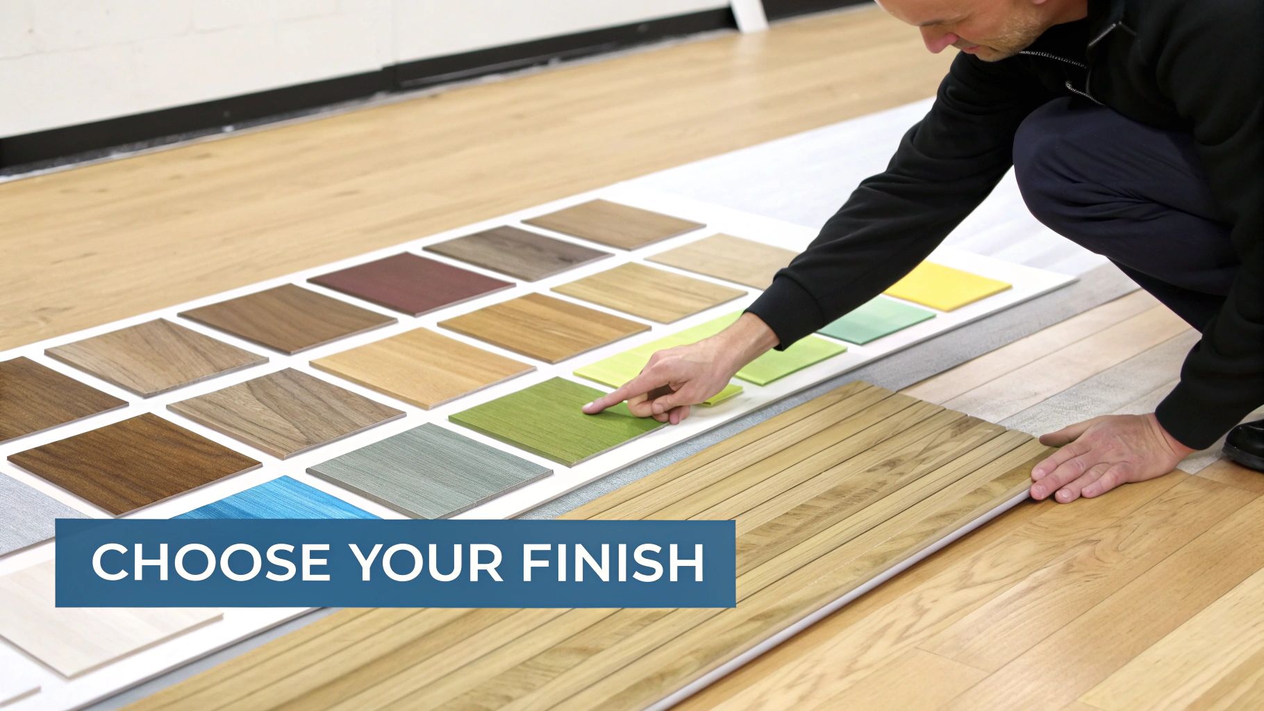 A person kneels, pointing at a green floor finish sample among many wood and colored options.