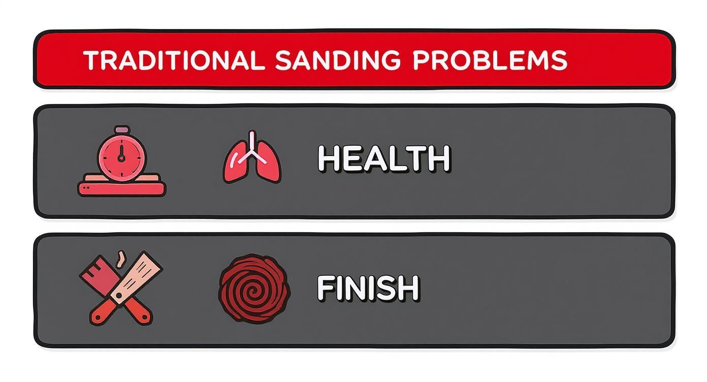 Infographic displaying icons for cleanup time, health risks, and finish quality associated with traditional sanding methods.