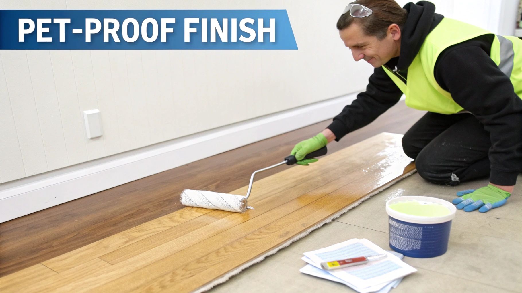 A worker applies a clear, pet-proof finish to light hardwood planks using a paint roller.