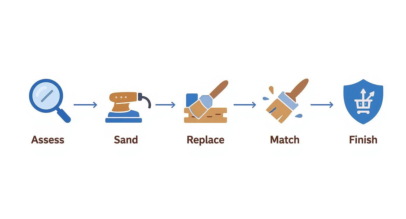 A five-step diagram showing the process for hardwood floor repair: Assess, Sand, Replace, Match, and Finish.