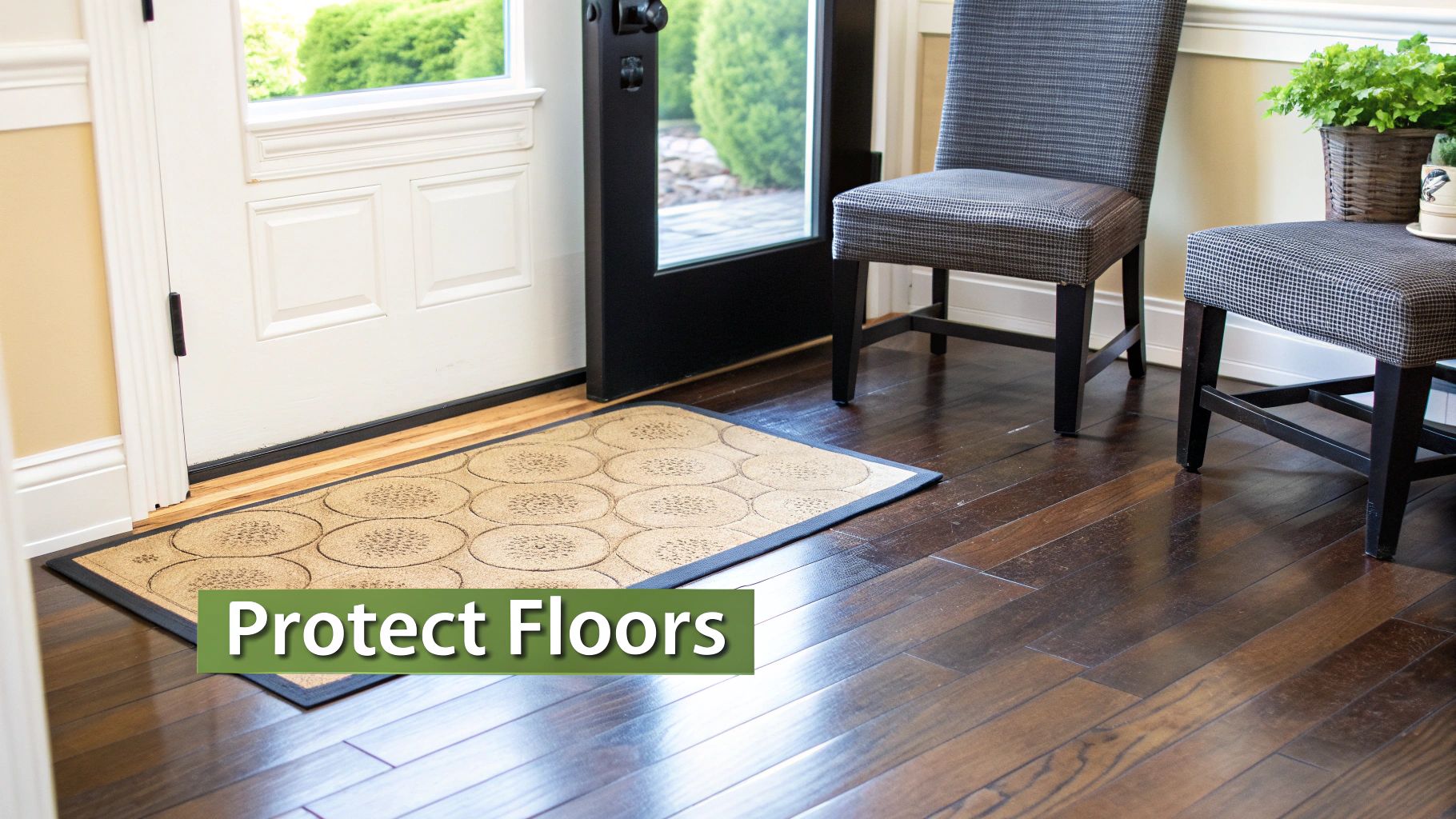 A close-up of a dark hardwood floor with a patterned doormat by an entry door.