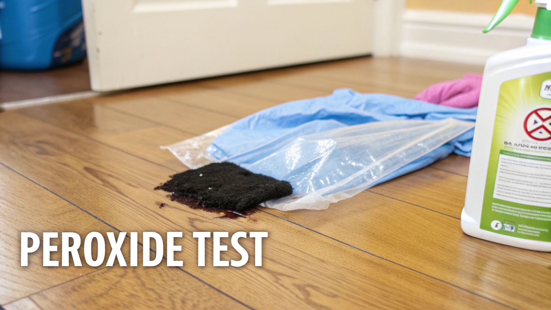 A peroxide test to remove a dark stain on a hardwood floor, with cleaning supplies nearby.