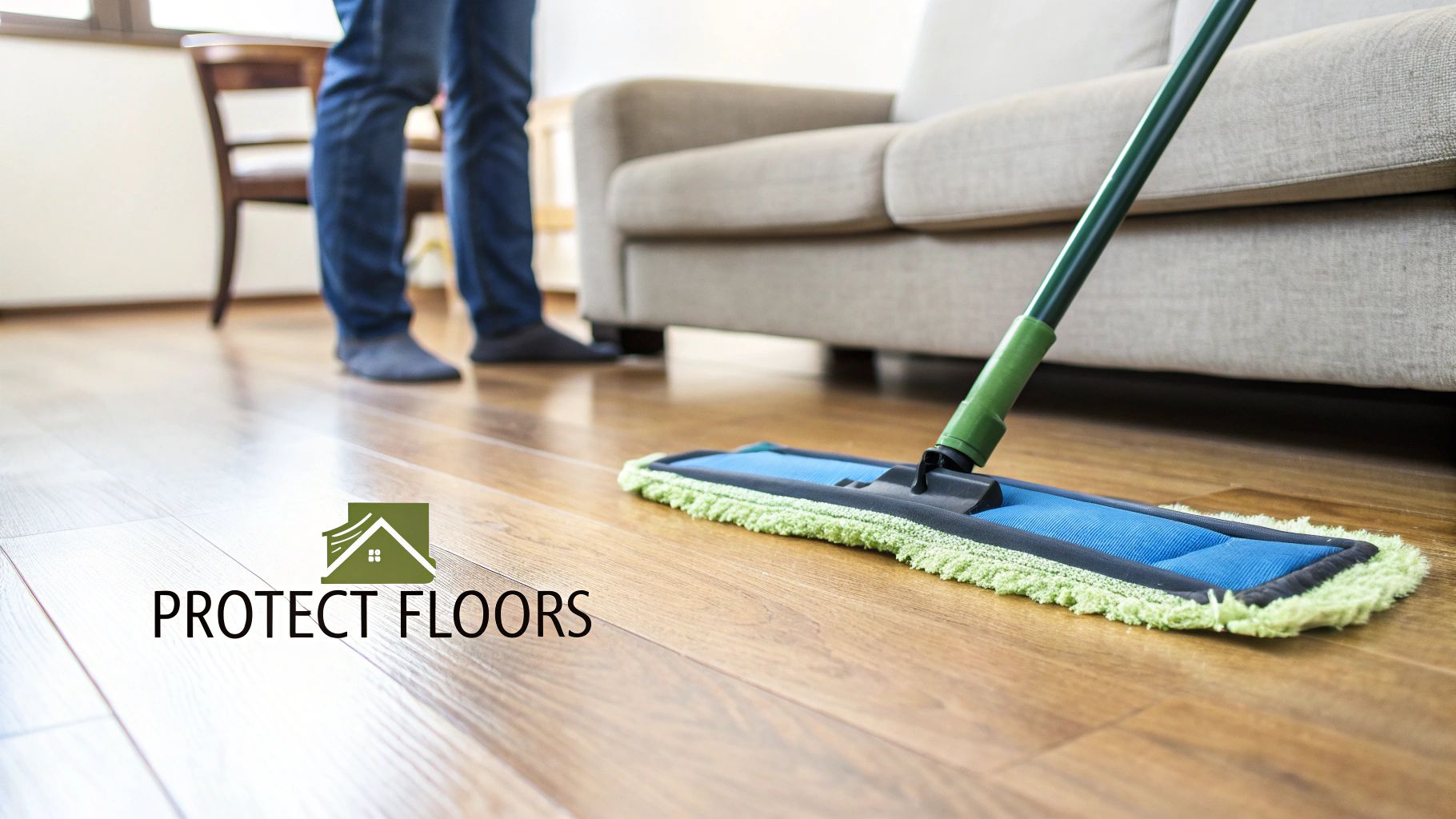A person mops a polished wooden floor in a living room with a green and blue dust mop.