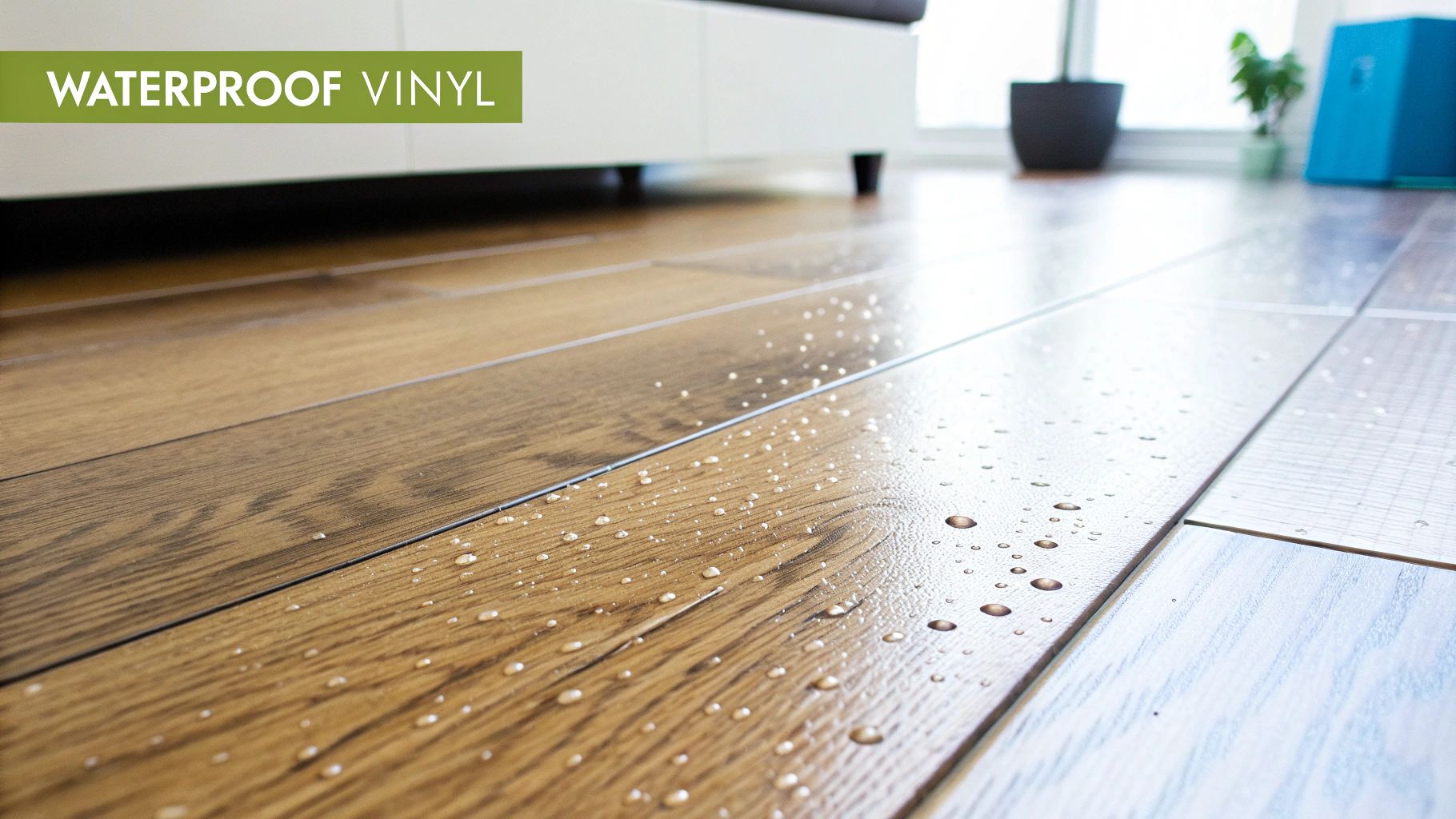 A modern kitchen with stylish vinyl plank flooring.
