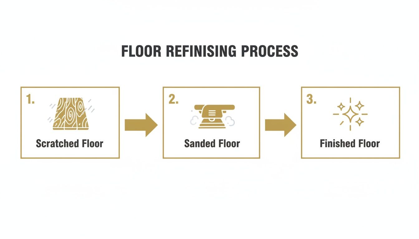 An infographic showing the three-step floor refinishing process: scratched, sanded, and finished.