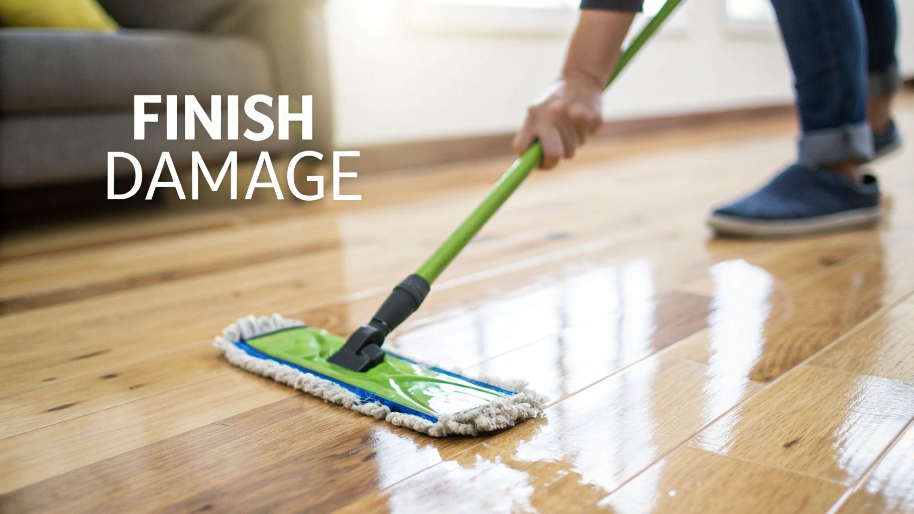 A person uses a green mop on a shiny hardwood floor, with 'FINISH DAMAGE' text.