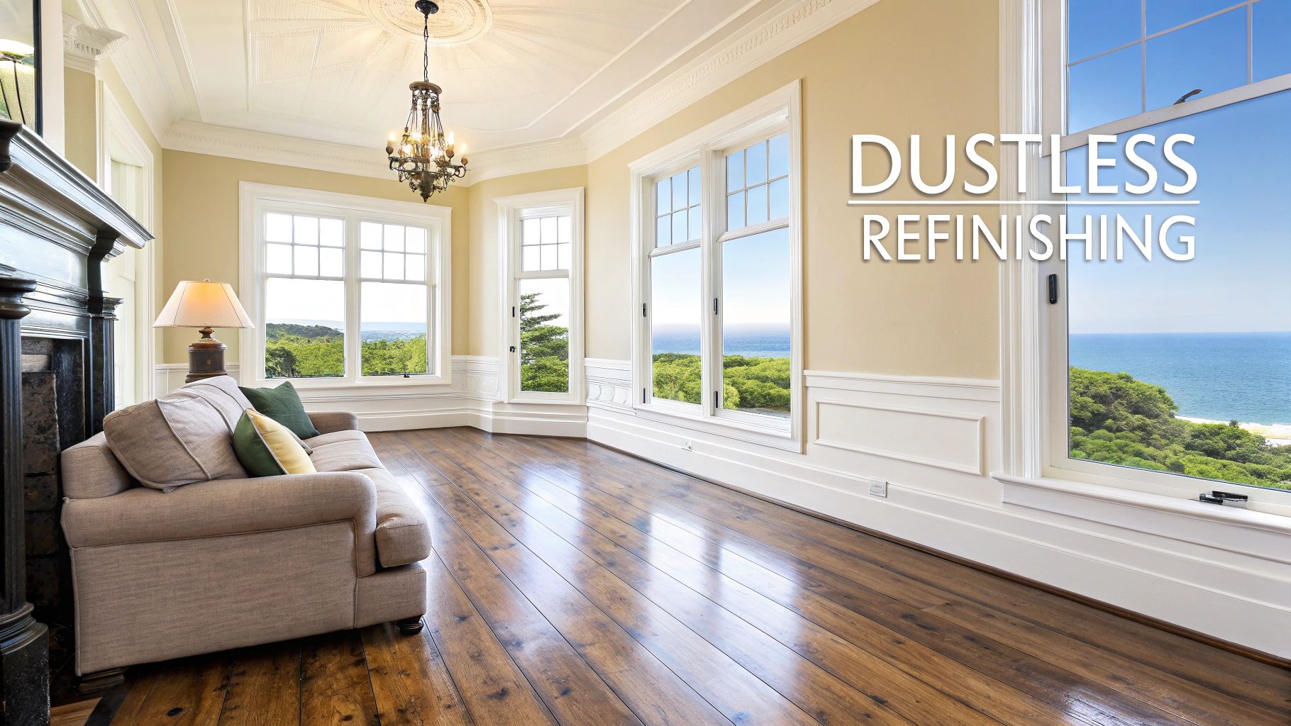 Dustless hardwood floor refinishing process showing clean results.