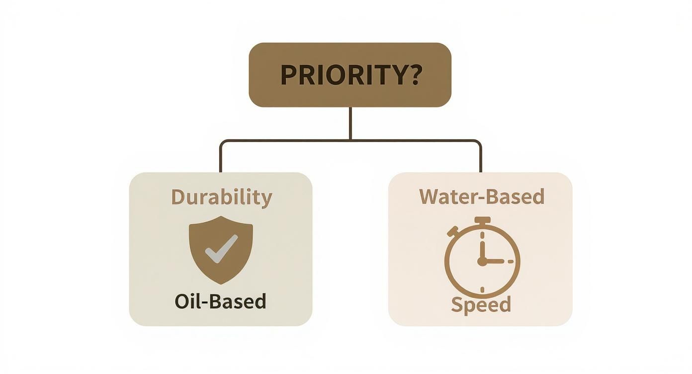 Diagram illustrating a choice between Durability (Oil-Based) and Water-Based (Speed) as priorities.