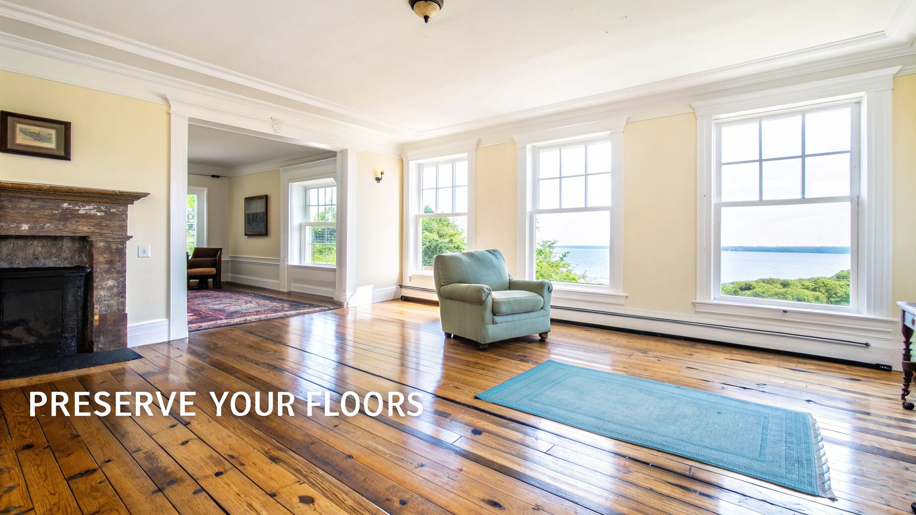 A bright room featuring polished wooden floors, a fireplace, and large windows with ocean views.
