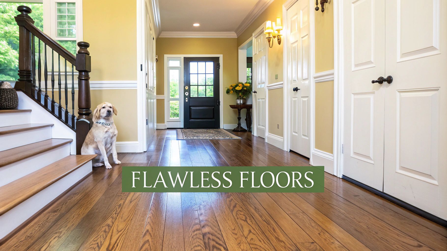A close-up of a dark pet stain on a light hardwood floor.