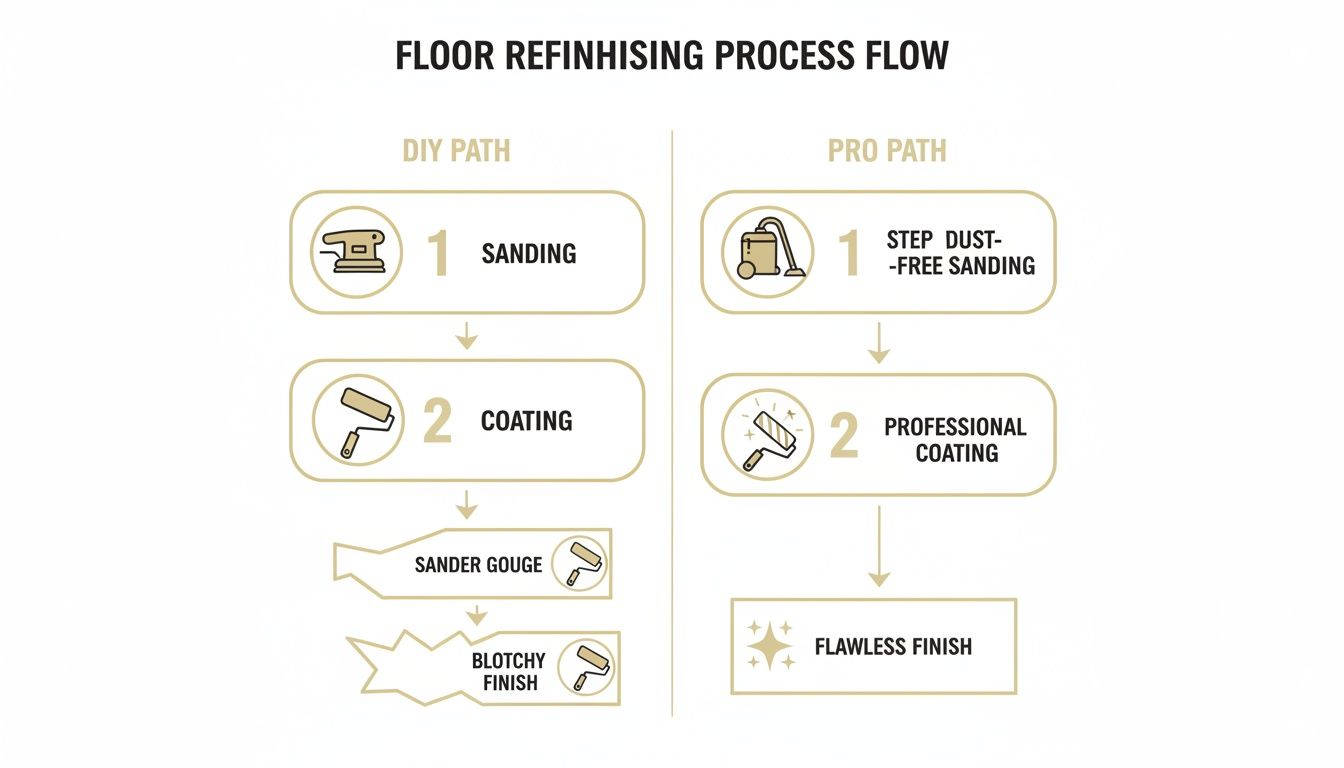 Floor refinishing process flow comparing DIY and professional methods with different outcomes.