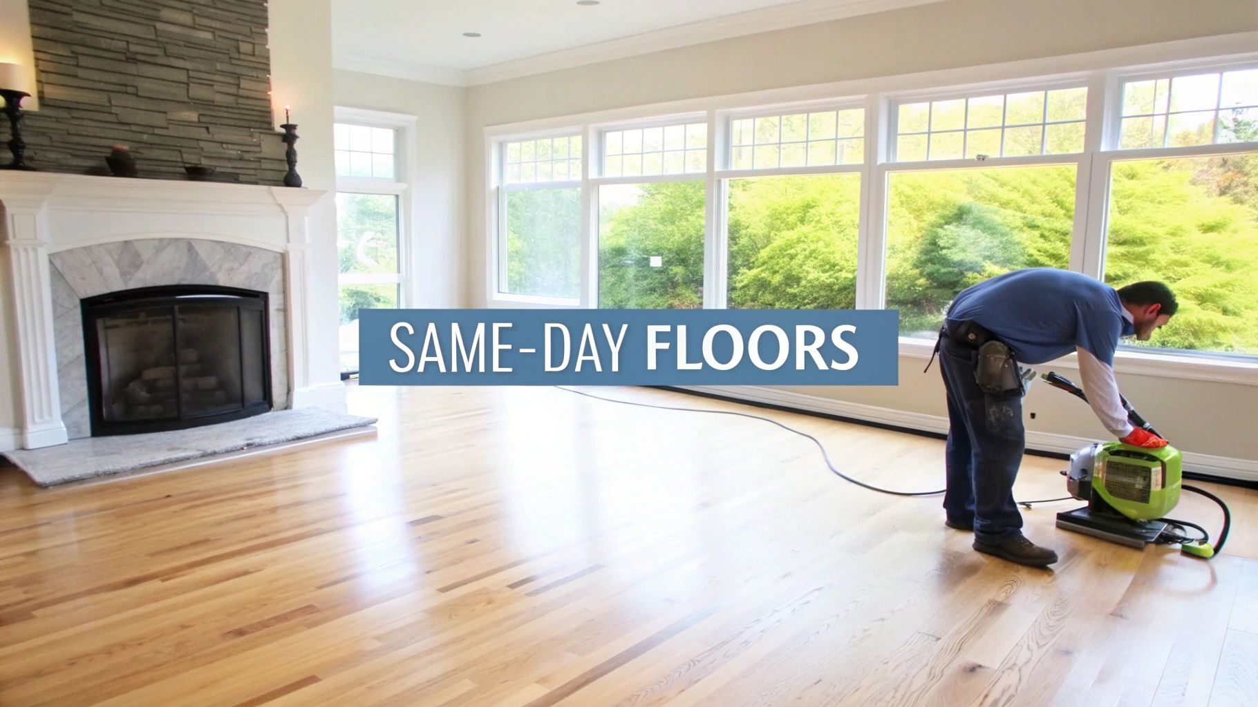 A man refinishes a wooden floor with a sanding machine in a bright room with a fireplace and large windows.