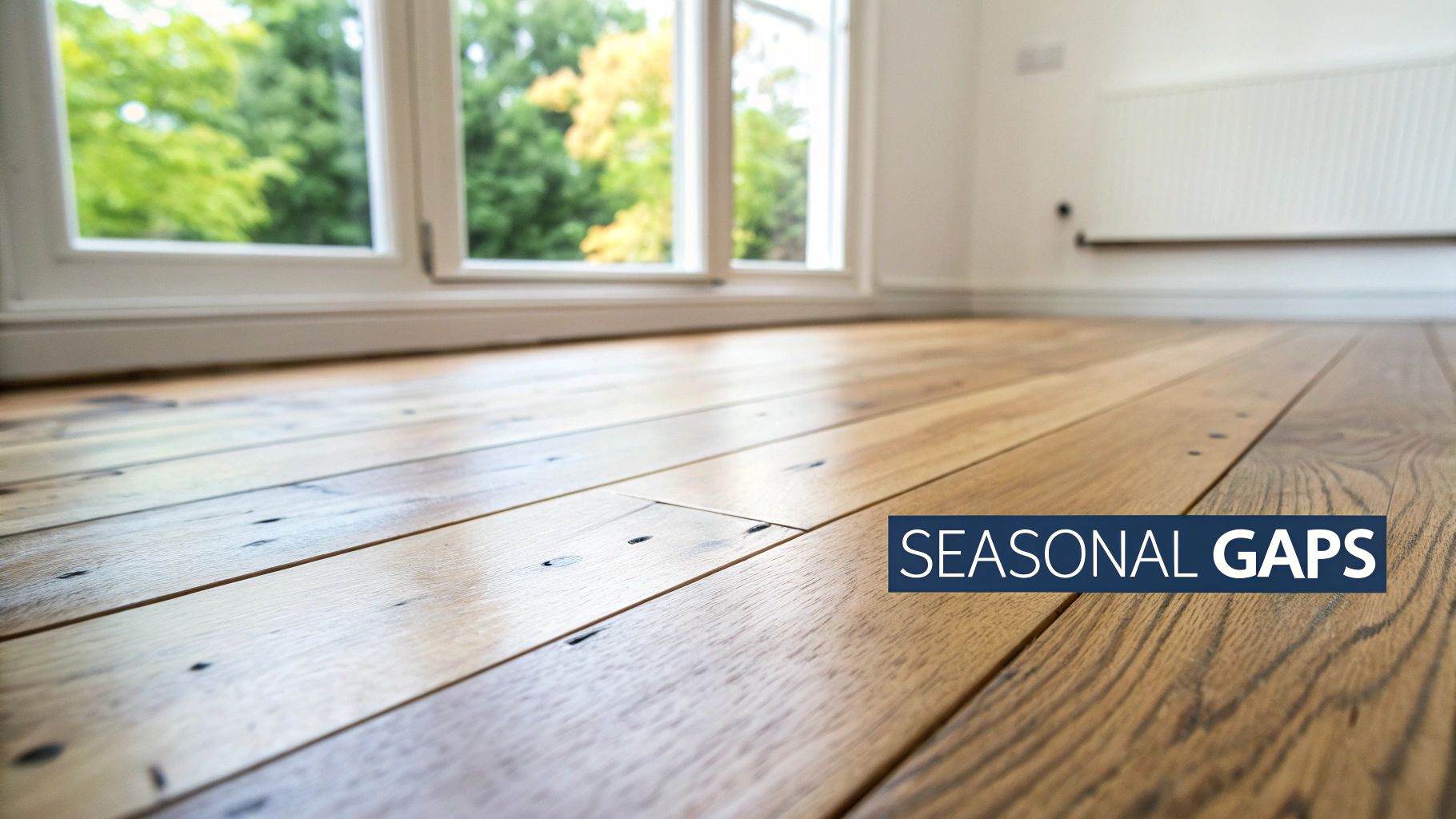 Close-up of a light brown hardwood floor with noticeable seasonal gaps and natural wood grain near a window.