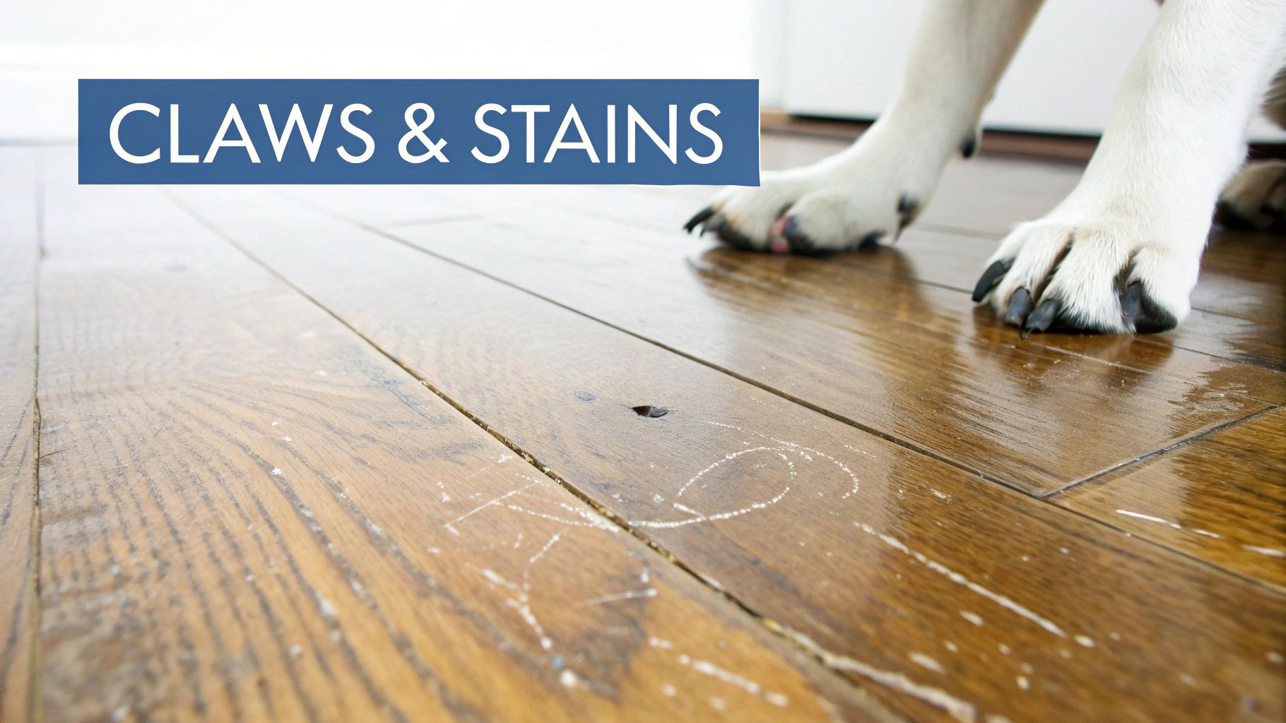 A dog's paws on a scratched wooden floor, highlighting damage from claws.