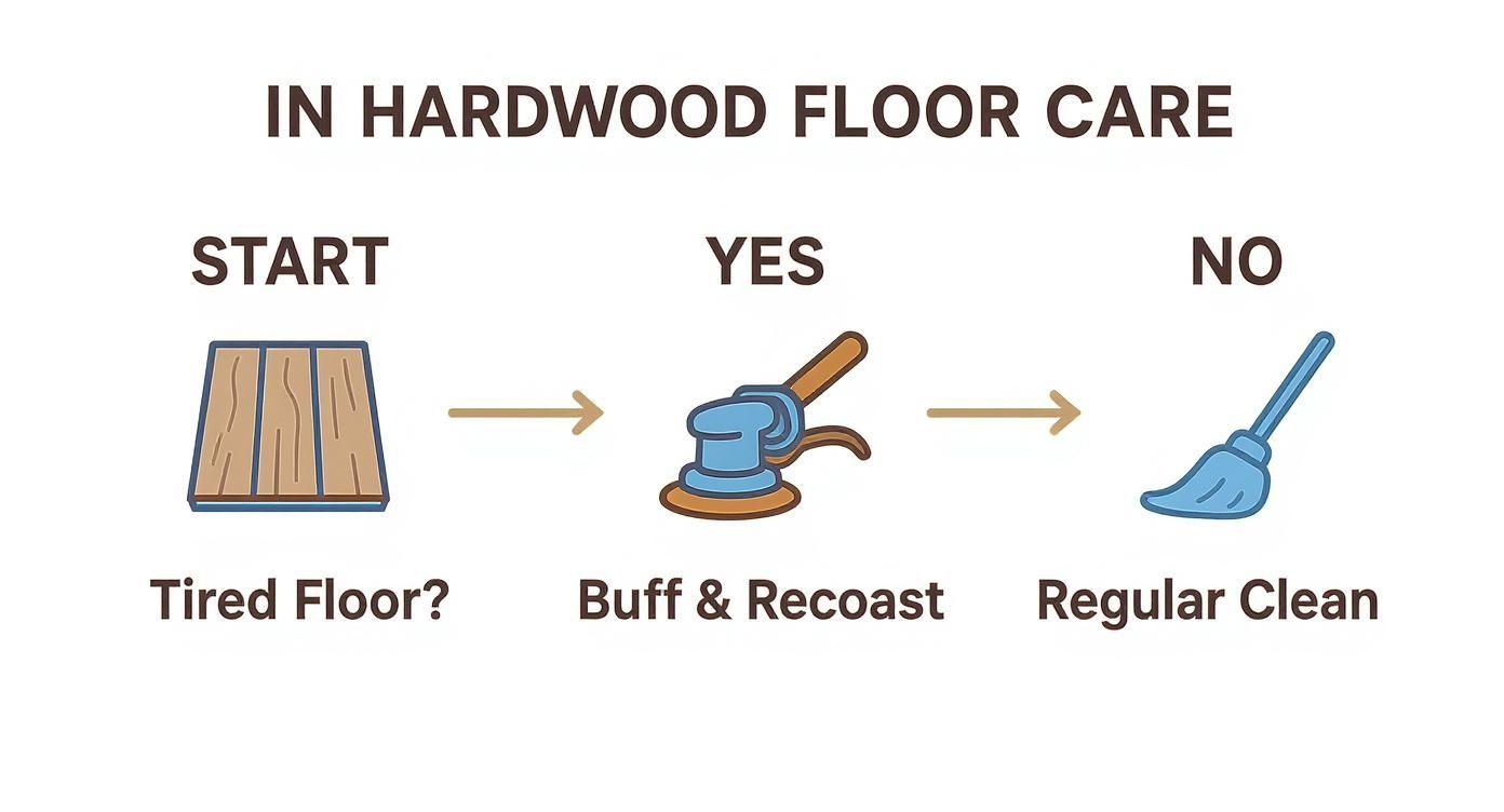 Flowchart illustrating hardwood floor care: buff and recoat tired floors or perform a regular clean.