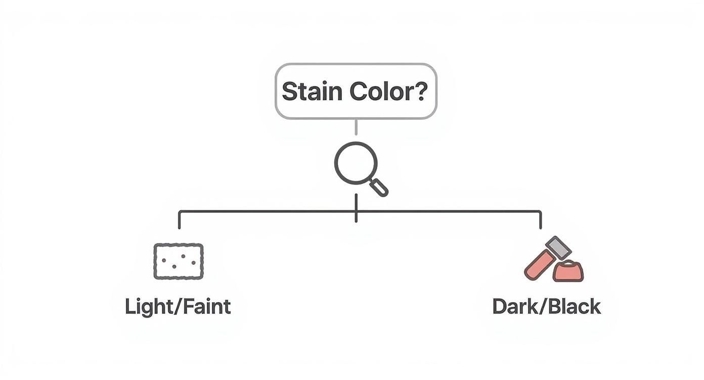 Infographic showing a decision tree for wood stain removal based on color.