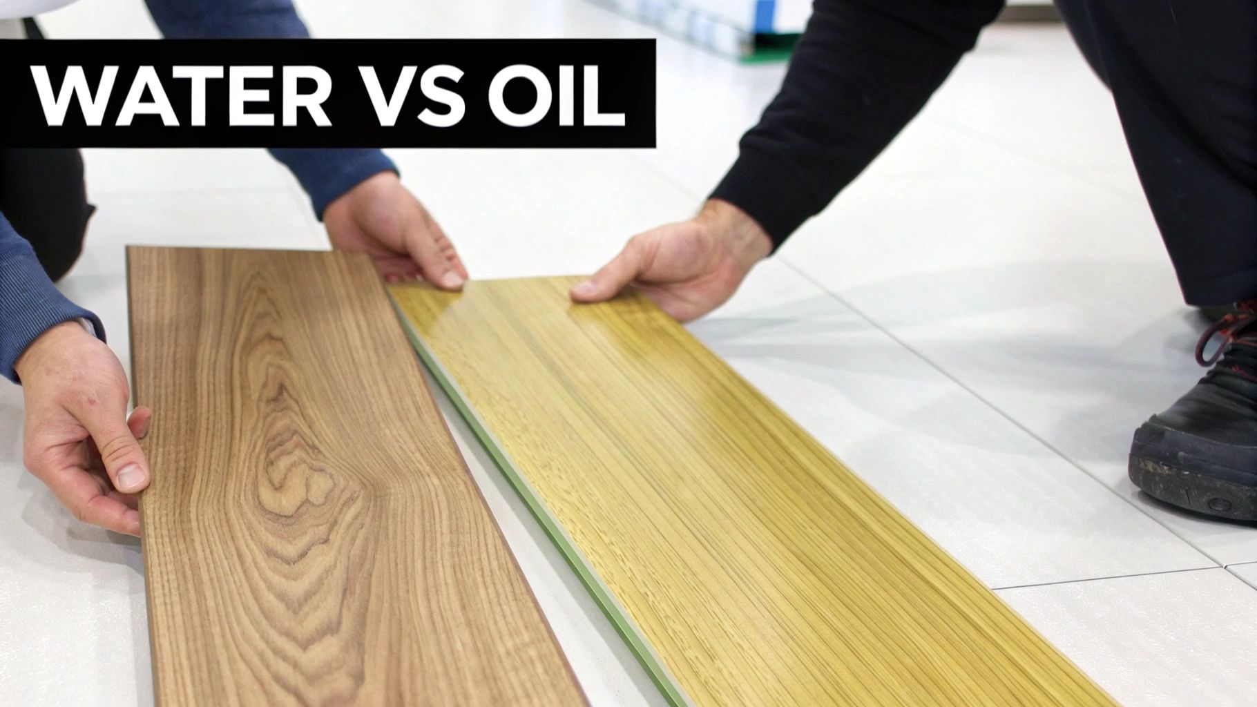 Hands holding two wood flooring planks, comparing a natural finish with a glossy, protective coating.