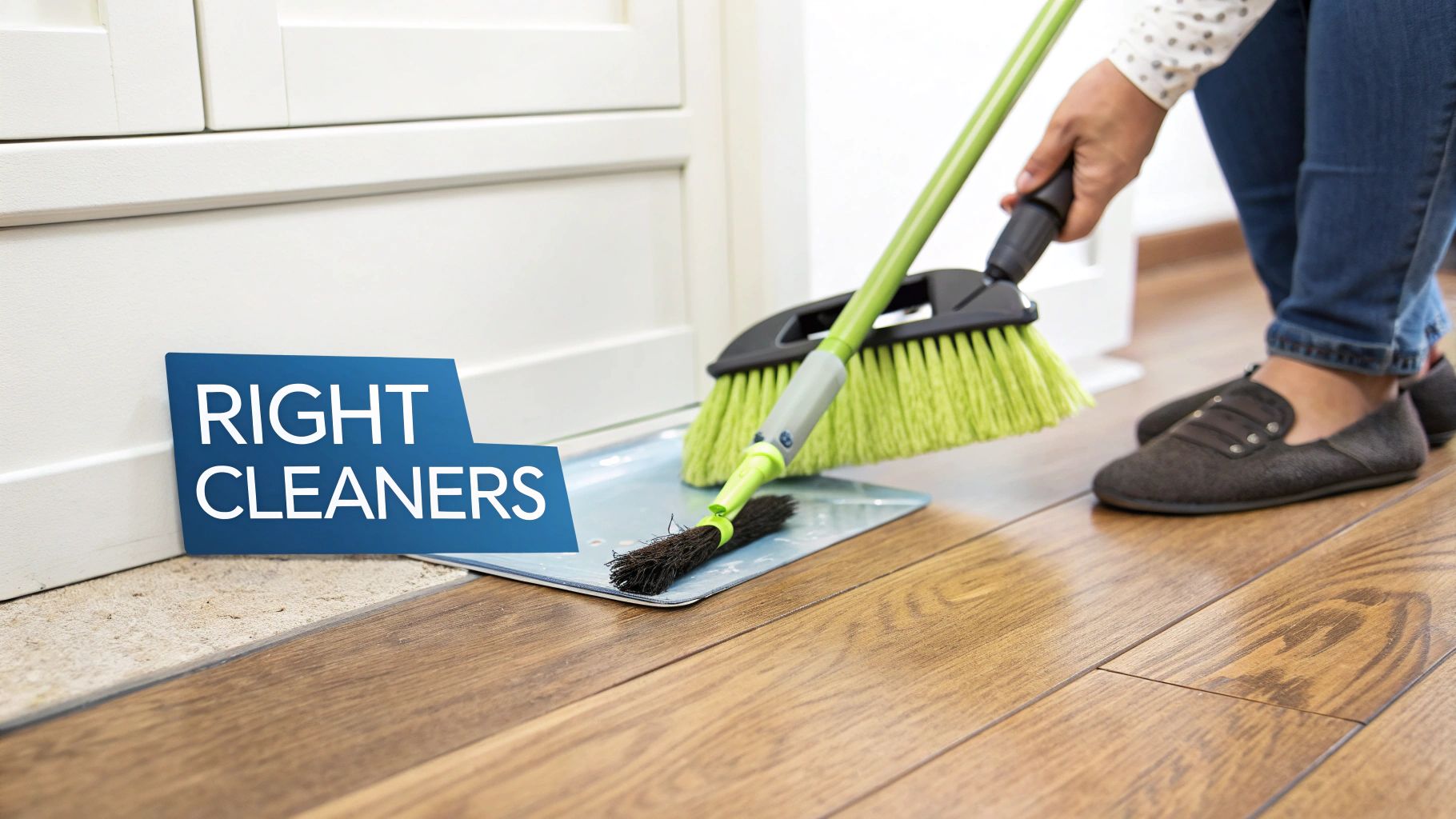 A person sweeps engineered hardwood flooring with a green broom and dustpan, next to a 'RIGHT CLEANERS' sign.