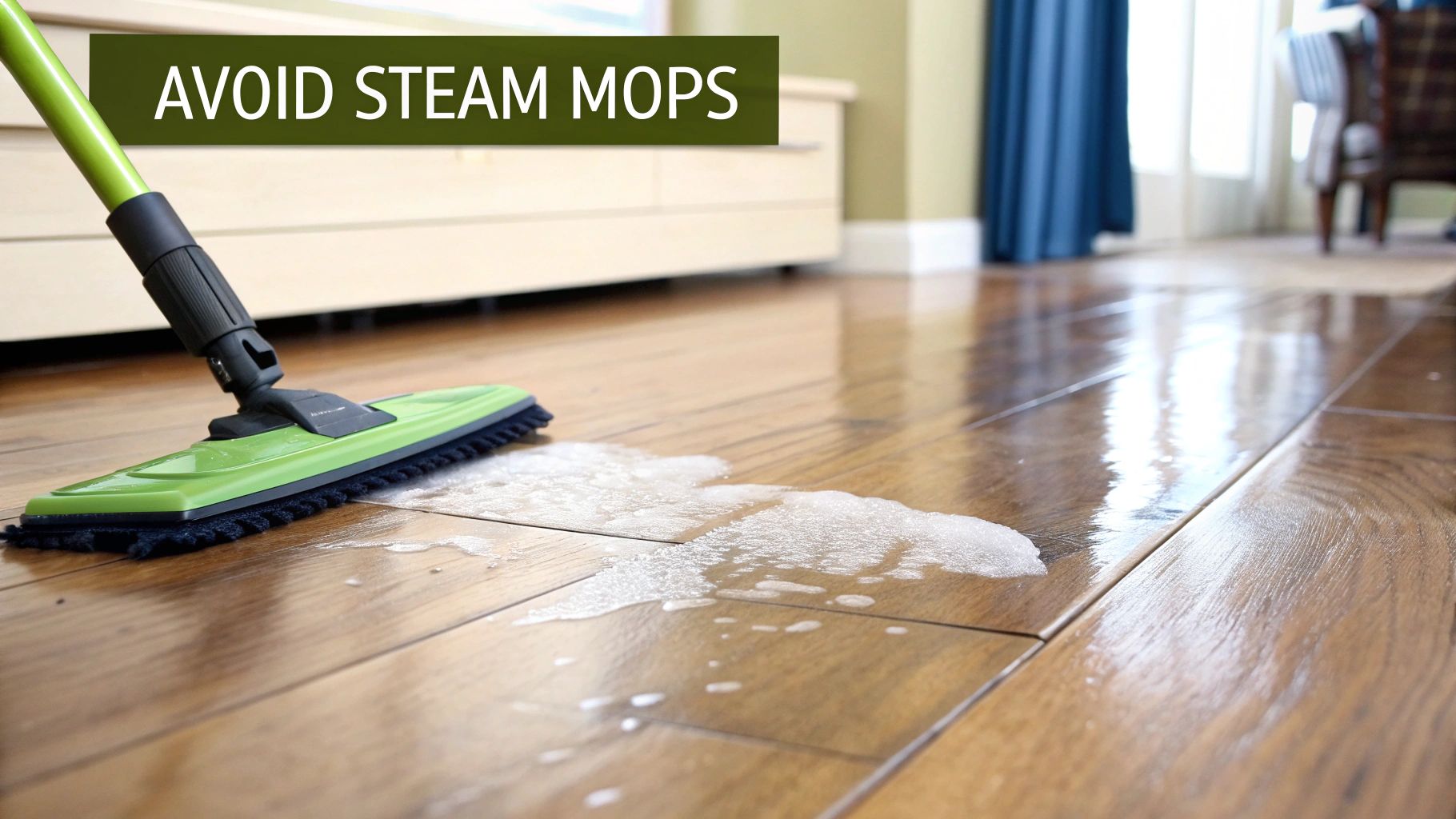 Green flat mop cleaning a wet, shiny wood floor with foamy liquid, advising to avoid steam mops.