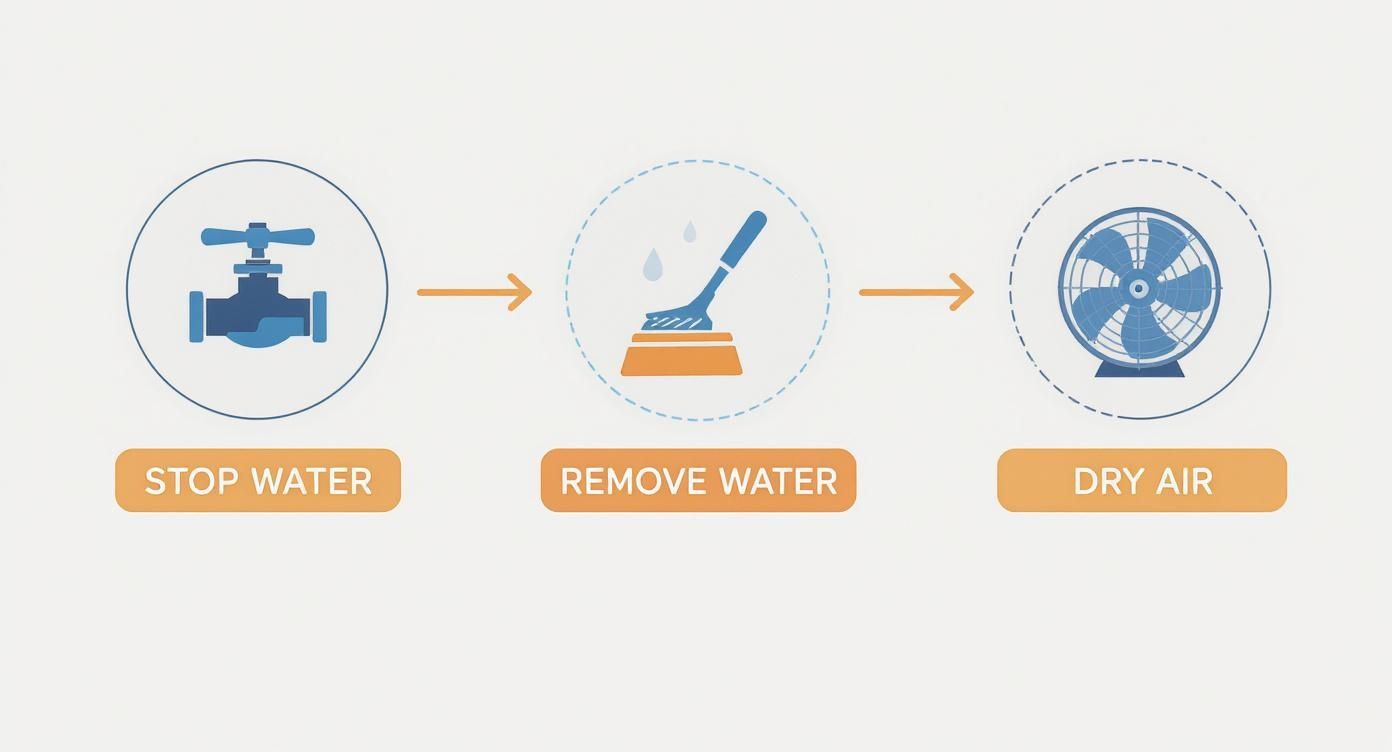 Infographic outlining the 3-step water emergency response: Stop Water, Remove Water, and Dry Air.
