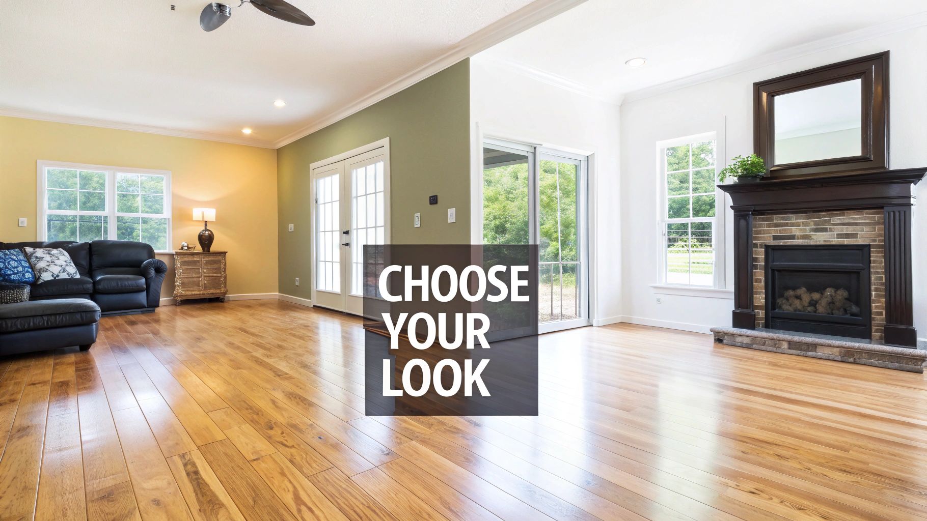 A spacious room with two different wall colors, a fireplace, and shiny hardwood floors.