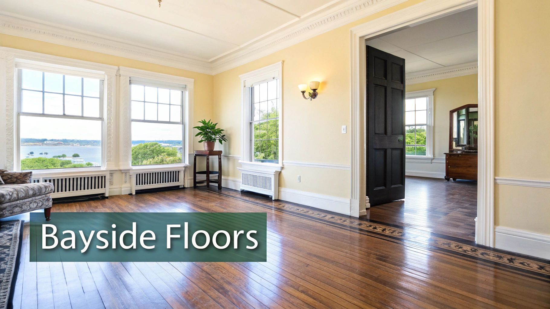Elegant room featuring light yellow walls, large windows with a scenic water view, and ornate hardwood floors.