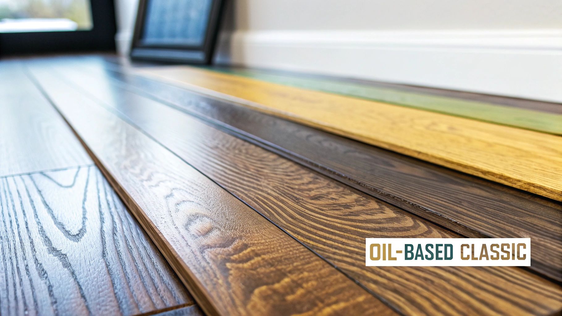 Hardwood floor with a classic, amber-toned oil-based polyurethane finish.
