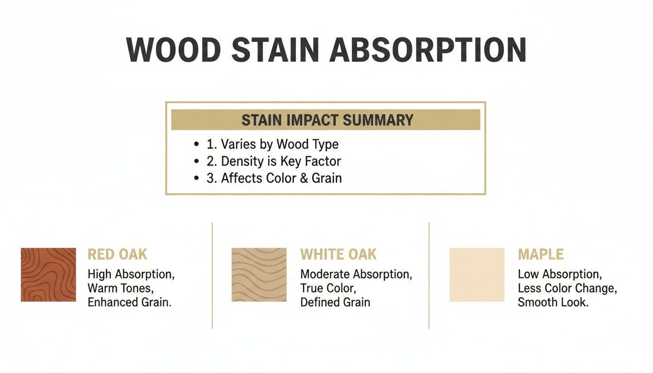 Infographic comparing wood stain absorption for Red Oak, White Oak, and Maple with key factors.