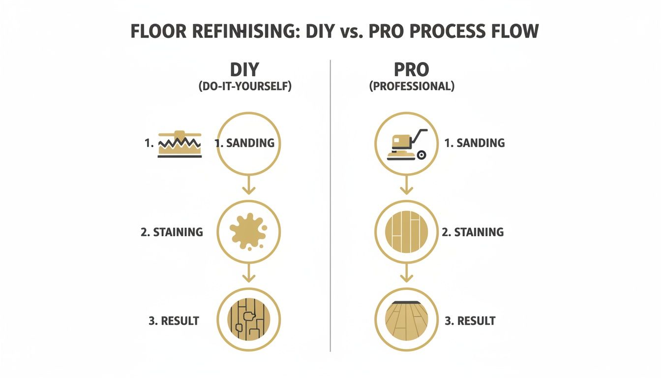 Infographic comparing DIY and professional floor refinishing processes: sanding, staining, and final results.