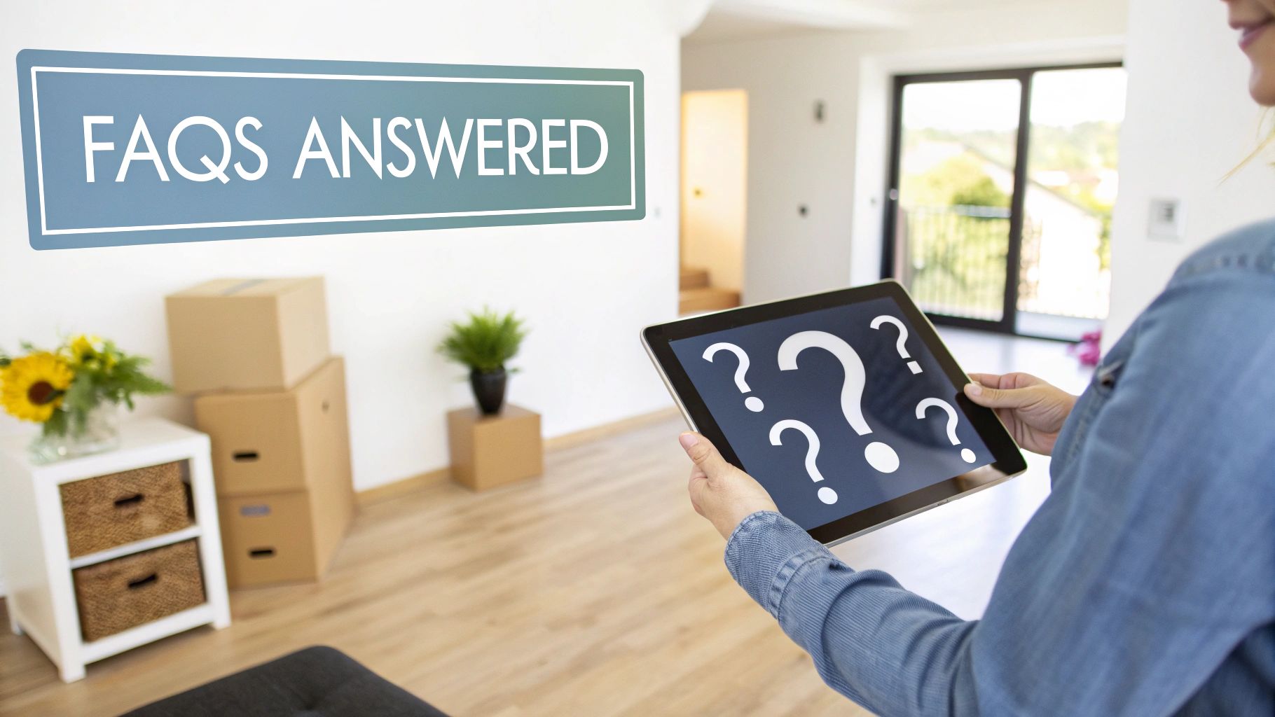 A homeowner looking satisfied at their newly refinished hardwood floor, free of any dust or mess.