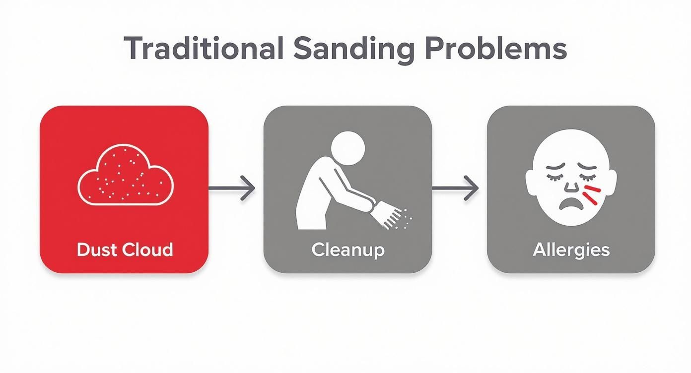 Infographic showing the negative consequences of traditional sanding, including dust clouds, extensive cleanup, and allergy triggers.
