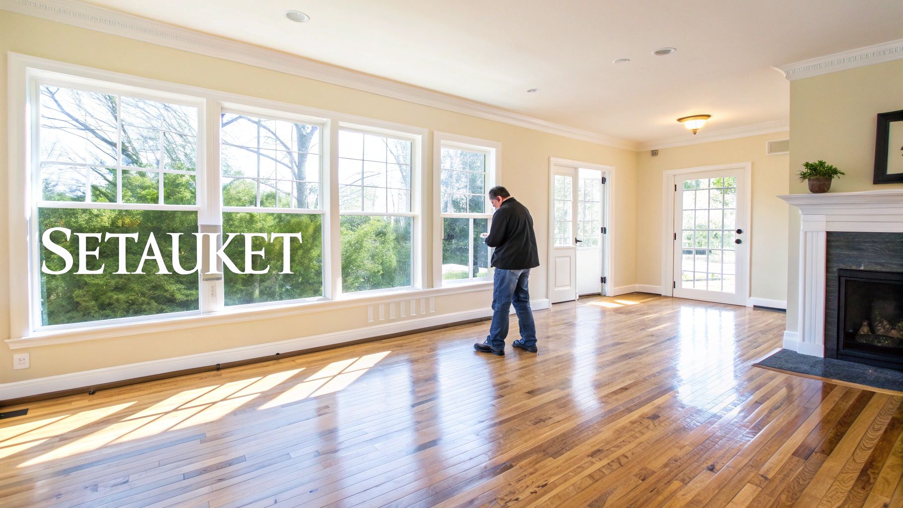 Spacious empty room with gleaming hardwood floors, large windows, a fireplace, and a man.