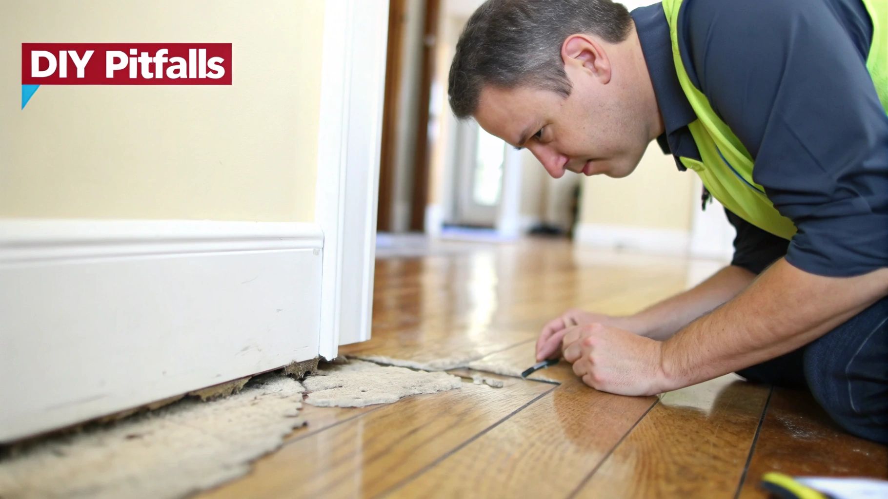 A DIY attempt at filling wood floor cracks, showing mismatched color and uneven texture.