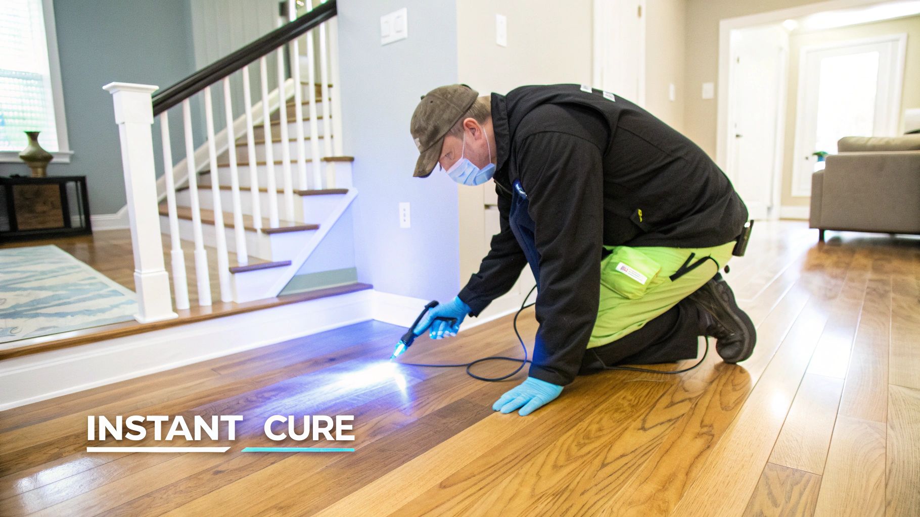 A flooring professional uses a UV-curing machine on a newly finished hardwood floor, highlighting the technology.