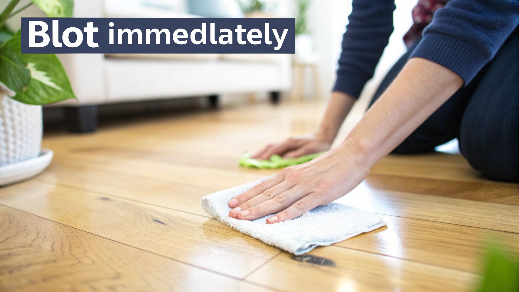A person kneeling, blotting a spill on a shiny hardwood floor with a white cloth, a green cloth nearby.