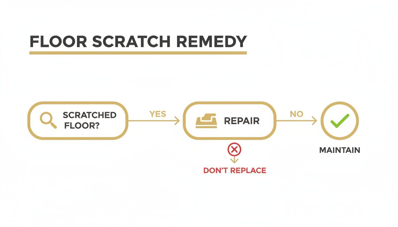 Flowchart illustrating floor scratch remedy: repair if scratched, otherwise maintain, and avoid replacement.