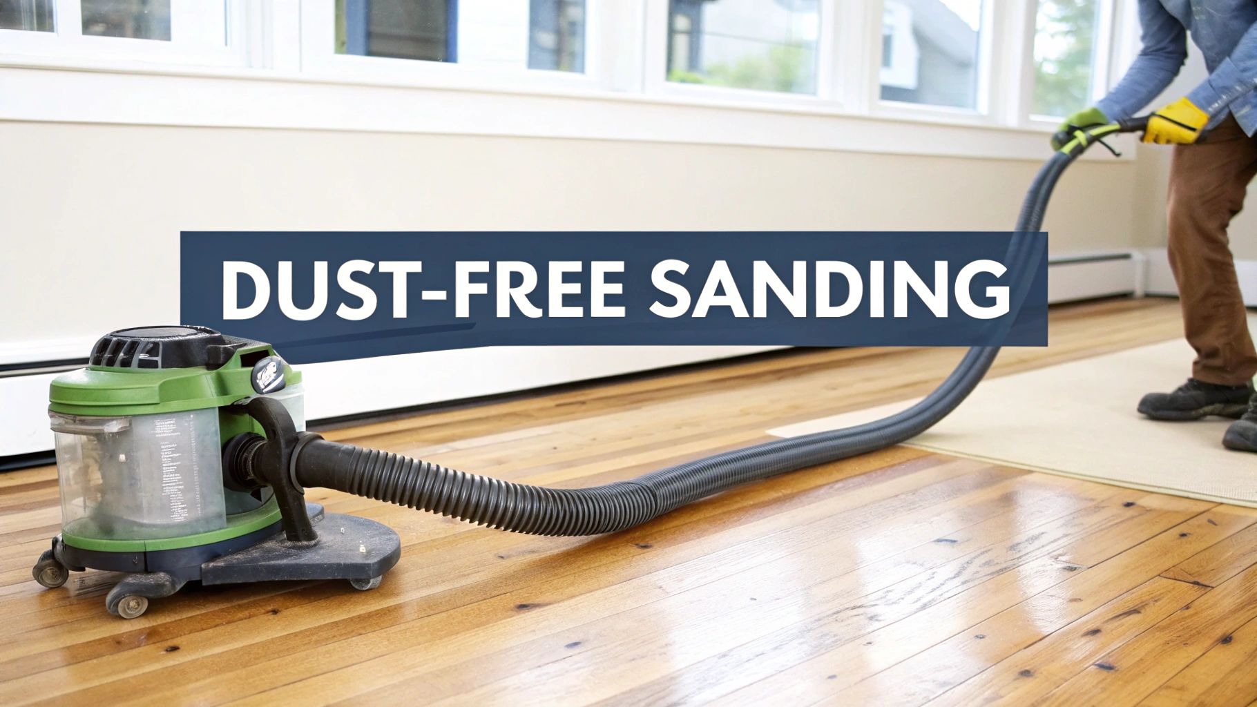 A flooring professional using a sander with a dust containment system on a hardwood floor.