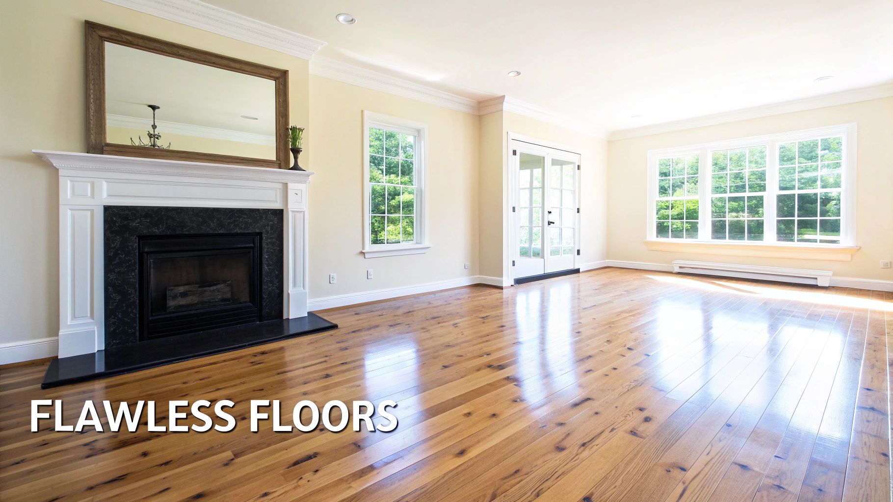 A brightly lit, empty room with light yellow walls, a fireplace, and gleaming hardwood floors.
