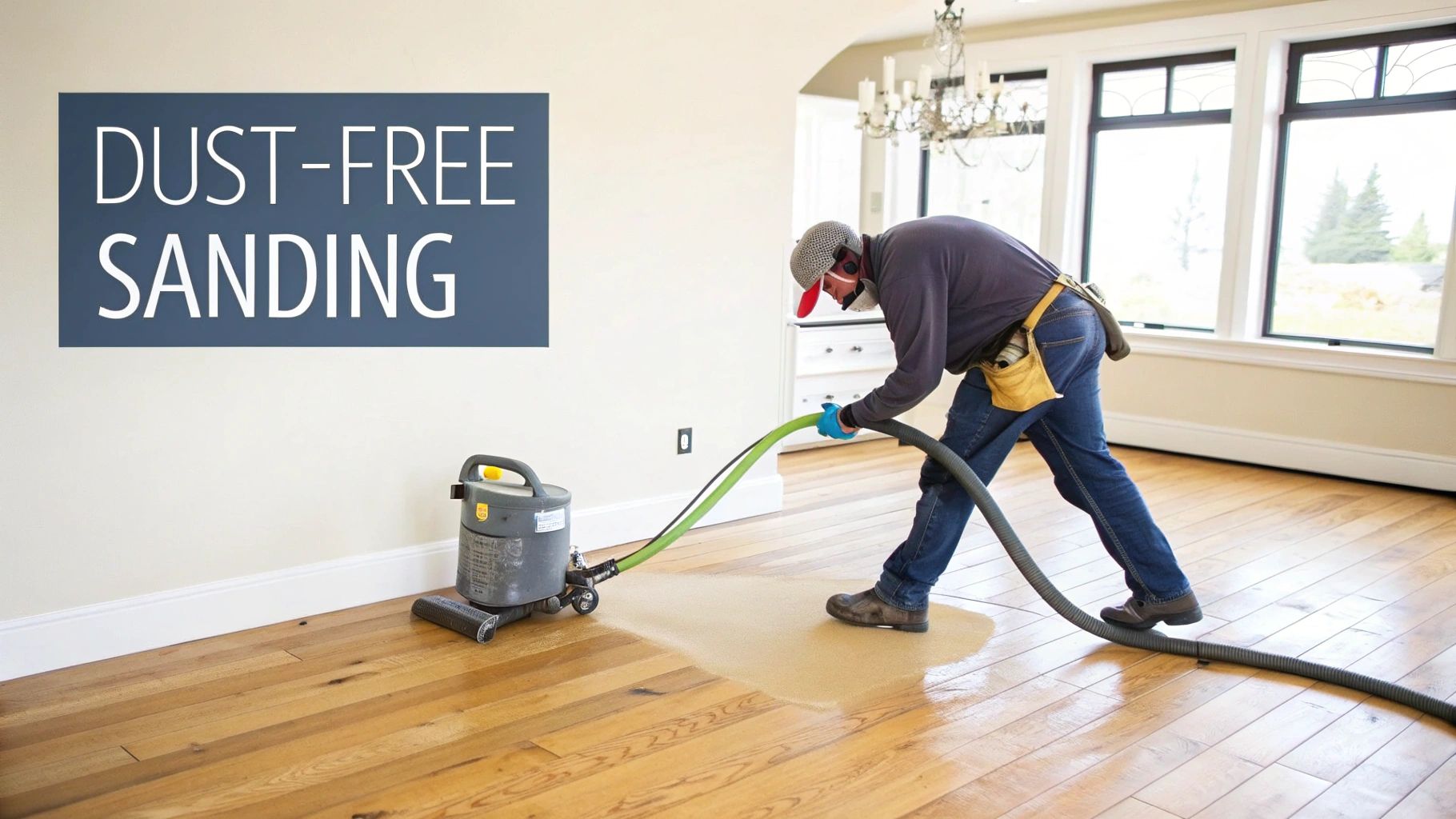 A worker uses a dust-free sanding machine to refinish a hardwood floor in a bright room.