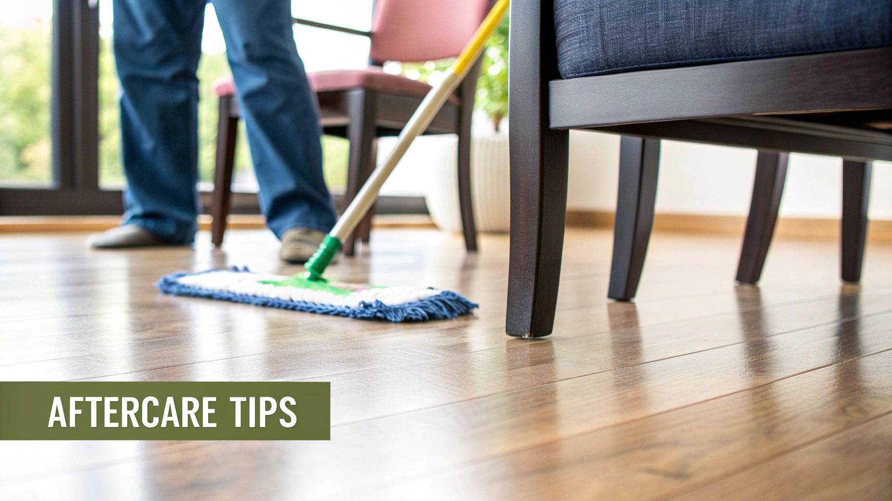 A person uses a green and blue mop to clean a shiny wooden floor in a home.