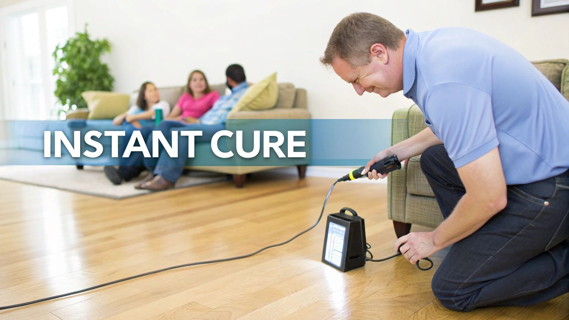 A man kneels on a wooden floor, using a light device for an instant cure coating, while people relax on a couch.