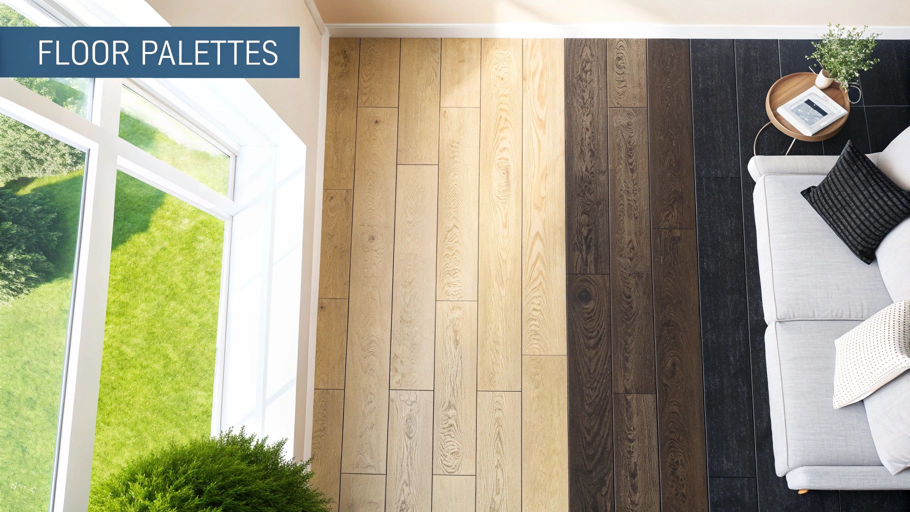 Aerial view of a room showcasing various hardwood floor color palettes, from light wood to dark, alongside a black tiled area.