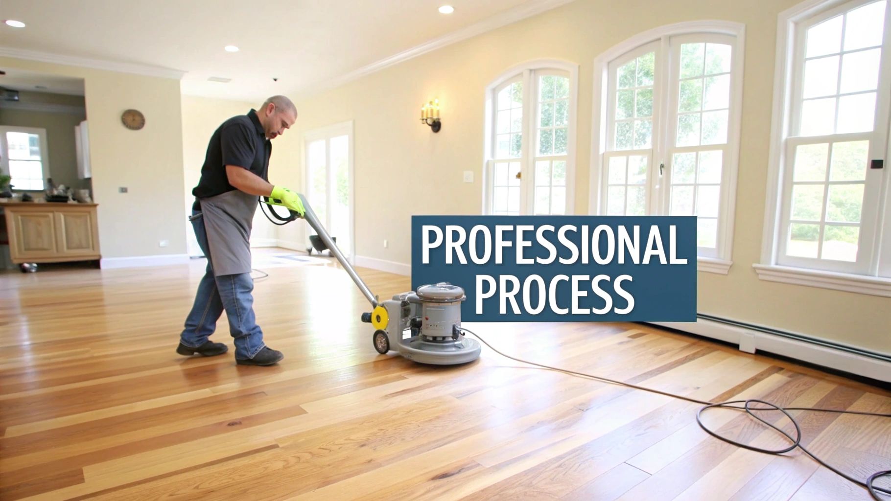 Man in gloves buffs a shiny hardwood floor with a professional floor machine in a bright room.