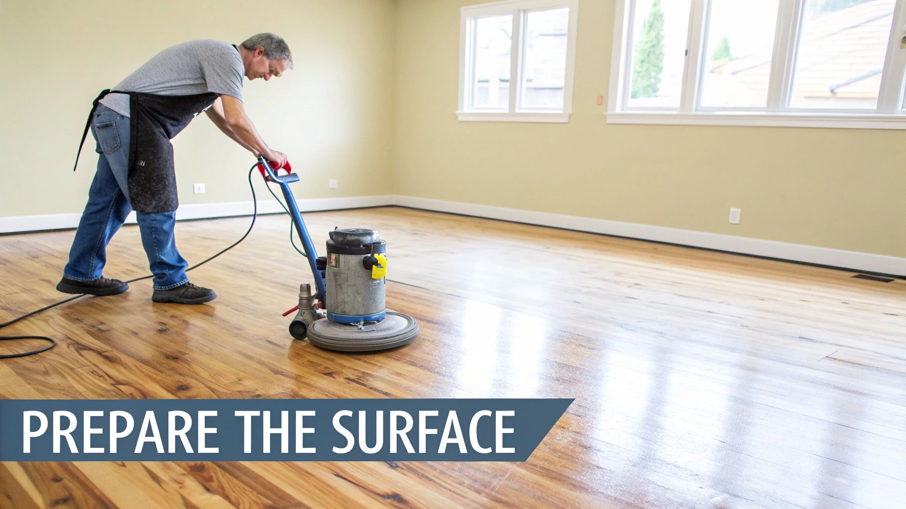A man in an apron uses a floor polisher to prepare a wooden floor in a room.