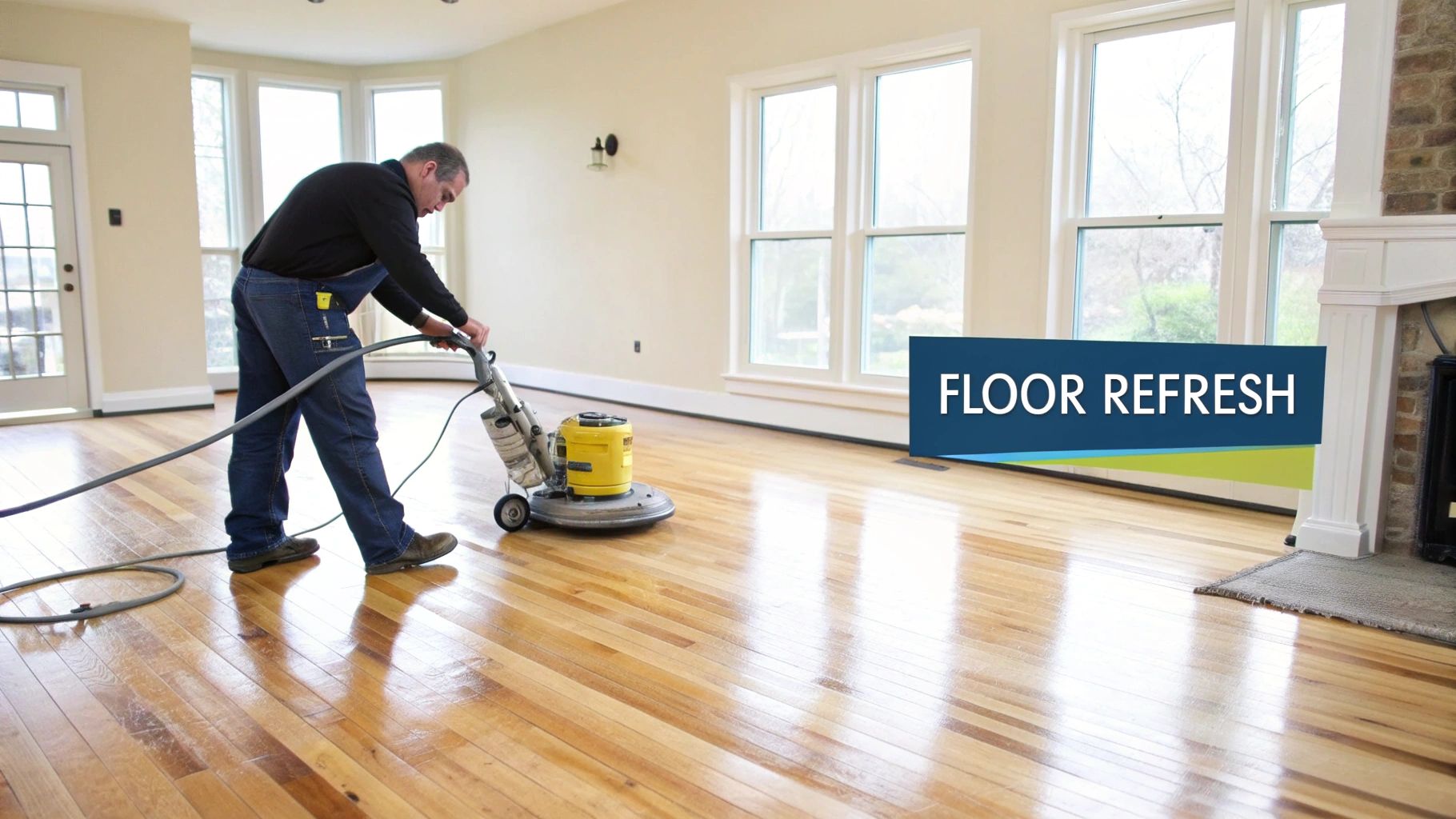 A man uses a professional floor buffer to polish and refresh a glossy hardwood floor in a spacious room.